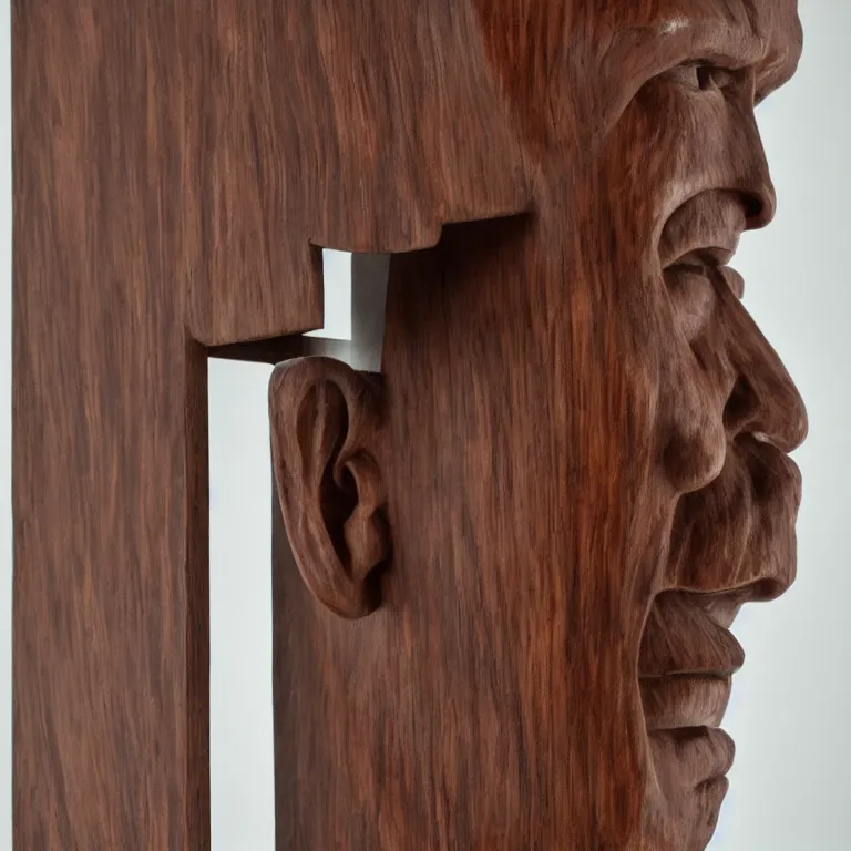 Image similar to enormous geometric minimalist accurate sculpture of norman reedus sticking out his tongue, beautiful symmetrical!! face accurate face detailed face realistic proportions, hand - carved out of mahogany wood on a pedestal by stephan balkenhol and martin puryear, cinematic lighting shocking detail 8 k