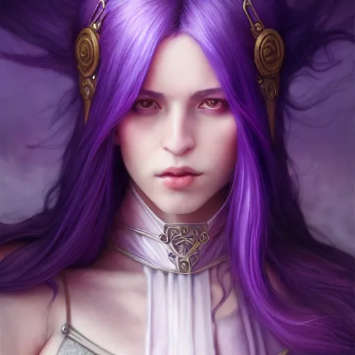 Image similar to purple haired mage, full body portrait, gentle, cloth, female, city landscape, d & d, fantasy, intricate, elegant, highly detailed, digital painting, purple and gold color palette, artstation, octane render, concept art, matte, sharp focus, illustration, herrarthstone, art by artgerm and greg rutkowski and alphonse mucha