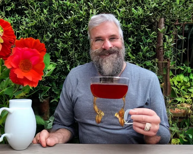 Image similar to mr robert is drinking fresh tea in a garden from spiral mug, detailed face, wearing choker, grey beard, golden hour, red elegant shirt