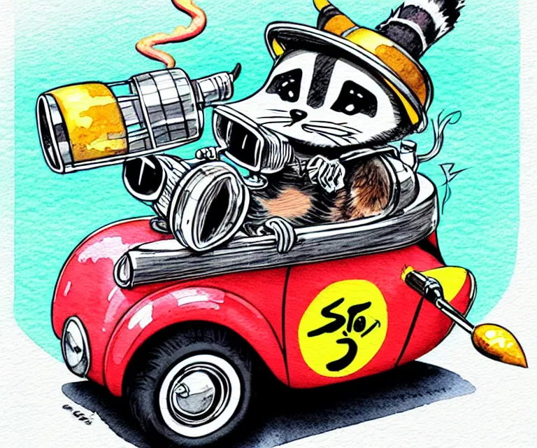 Image similar to cute and funny, racoon smoking cigar wearing a helmet riding in a tiny hot rod coupe with oversized engine, ratfink style by ed roth, centered award winning watercolor pen illustration, isometric illustration by chihiro iwasaki, edited by range murata