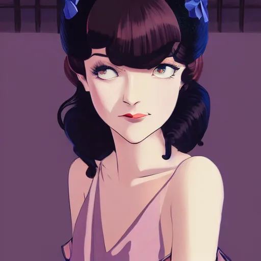 Image similar to portrait of a beautiful girl with dark hair dressed in 1920's fashion, speakeasy bar background, mood lighting, ambient lighting, dynamic lighting, 4k, official media, anime key visual, makoto shinkai, ilya kuvshinov, lois van baarle, rossdraws, detailed, trending on artstation