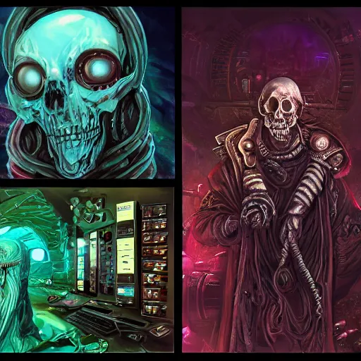 Prompt: cyberpunk undead lich ilithid mindflayer playing synthesizers, honeycomb skull structure, D&D, highly detailed, realistic, technology and magic,