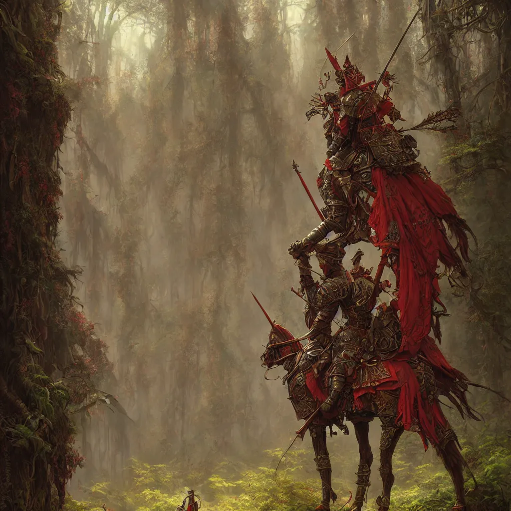 Prompt: fantasy male knight red plume, center focused, matte painting, lush fairy forest, neon, concept art, schematics, gnarly details painted by tom bagshaw, norman rockwell, mucha, james gurney, high detail, denoised, sharp, architectural