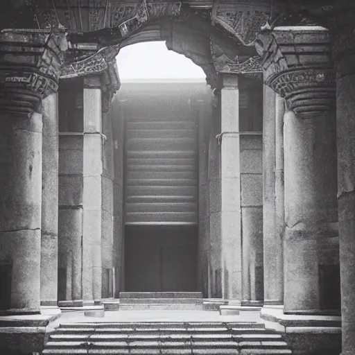 Prompt: Temple of knowledge, foggy entrance, mysterious architecture