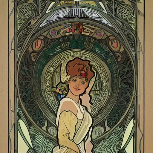 Image similar to a house int the style of alphonse mucha