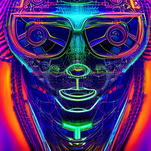 Prompt: hyperdetailed portrait of a psychedelic cyberpunk robot head, accentuated with colorful glowing holy geometry, 8 k, symetrical, halluzinogenic, meditative, black background