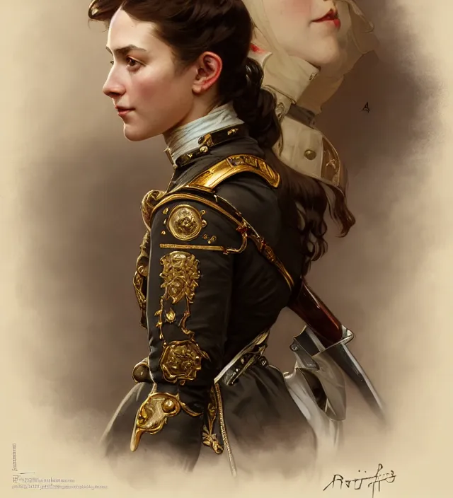 Image similar to portrait of a french woman wearing a traditional nineteenth century french empire military jacket, metal shoulder pauldrons, intricate, highly detailed, digital painting, artstation, concept art, sharp focus, cinematic lighting, illustration, art by artgerm and greg rutkowski, alphonse mucha, cgsociety