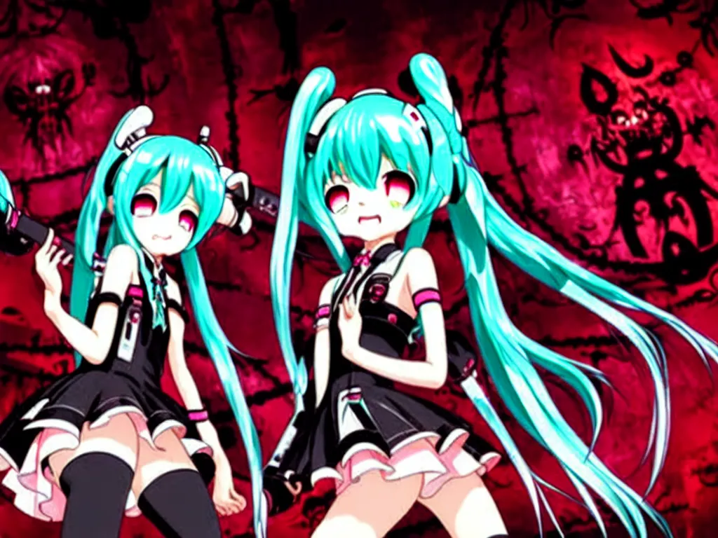Image similar to hatsune miku in a dark red dungeon surrounded by monsters, chains and devilish creatures sardonic dark atmosphere detailed scary horror