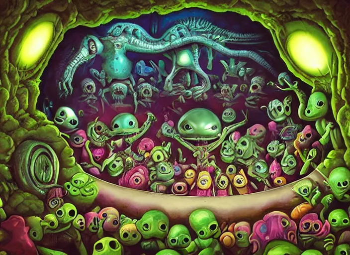 Prompt: 👽 aliens by a cave pool, lowbrow, amazing colorful background, digital art, concept art, in the style of mark ryden, 3 - d 4 k,