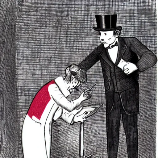 Image similar to a photograph of a doctor diagnosing a terrified patient. The patient is dressed in a suit and tophat with a monocle and union jack flag