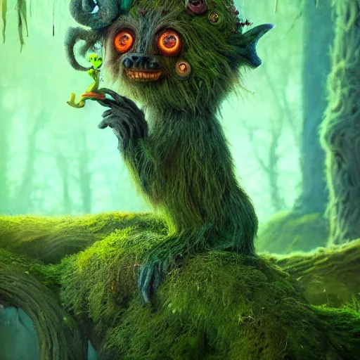 Prompt: a surreal bioluminescent, very very very cute hairy mossy forest goblin made of bark in a happy forest world by bobby chiu, daniel merriam, trending on artstation, oil on canvas by elena zhurikhina and goro fujita and charlie bowater, octane render, 4 k, 8 k, hd