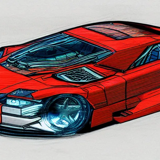 Image similar to a cyberpunk car, sketch, crayon render