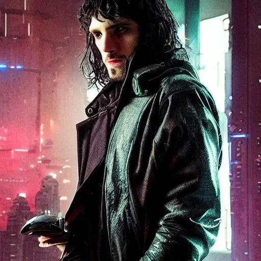Image similar to Colin Morgan as Cyberpunk Merlin