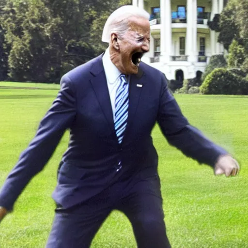 Image similar to joe biden is being chased by a monster from predator on the white house lawn