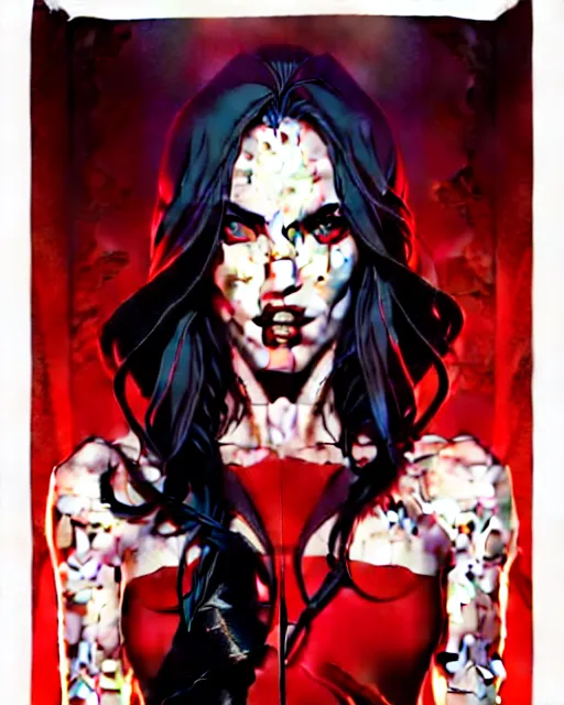 Image similar to artgerm, joshua middleton comic cover art, full body pretty megan fox vampire sharp teeth, red dress, symmetrical eyes, symmetrical face, long curly black hair, dark castle background background, cinematic lighting