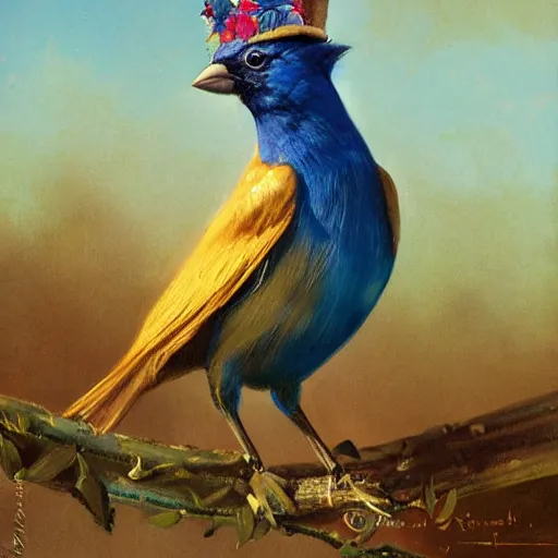 Image similar to an indigo bunting, bird, wearing a crown and bowtie by greg rutkowski, rossdraws, gil elvgren, enoch bolles, anime, very coherent