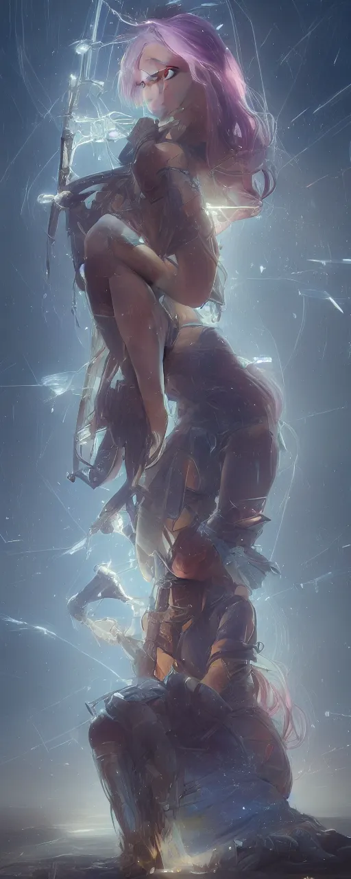 Image similar to Dystopian future princess, sit upon a thrown of electronic scrap, holding an axe of light above her head which shoots thunder and light into the night sky, in the style of artgerm and greg rutkowski and alphonse mucha, concept art, ultra realism, photo realism, cgsociety, octane render, artstationHD, artstationHQ, unreal engine, 4k, 8k