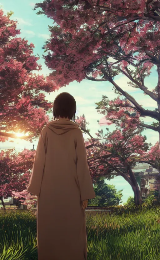 Image similar to anime style, gta 5, panoramic view of girl, centered, yukata clothing, sakura tree in background, brown hair, hair down, symmetrical facial features, from arknights, hyper realistic, extreme detail, volumetric lights, 4 k drawing, safebooru, realistic lighting, by alphonse mucha, greg rutkowski, sharp focus, backlit