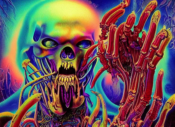 Prompt: A psychedelic portrait of Gene Simmons skeletal mind flayer psion, vibrant color scheme, highly detailed, in the style of romanticism, cinematic, artstation, Moebius, Greg rutkowski futurism, no blur, 4k resolution, sharp ages, ultra detailed, style of John Berkey, Norman Rockwell, Hans Thoma, Ivan Shishkin, Tyler Edlin, Thomas Kinkad