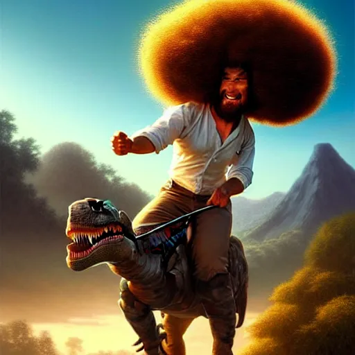 Image similar to bob ross!!! riding!!! a dinosaur!!, giant afro!, model pose, ultra realistic, concept art, intricate details, highly detailed, photorealistic, octane render, 8 k, unreal engine. art by artgerm and greg rutkowski and alphonse mucha