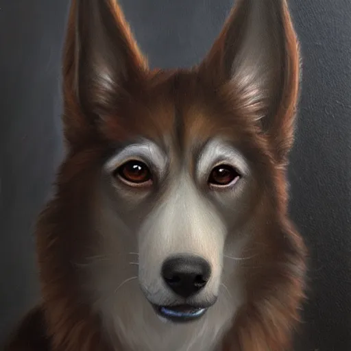 Prompt: fantasy canine illustration, soft lighting, soft details, dark mood, painting oil on canvas by Claire Hummel, HD