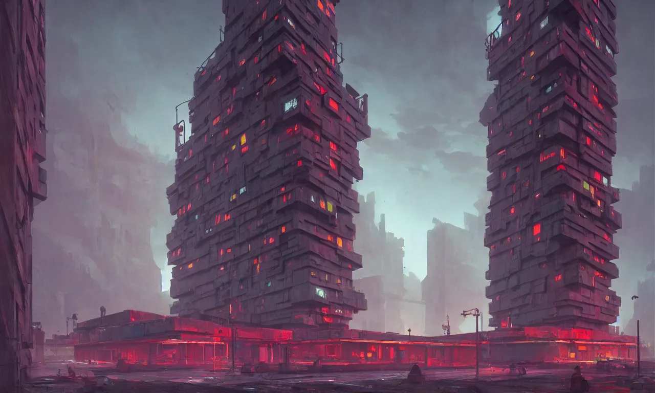 Image similar to brutalist architecture, colorful neon lighting, raphael lacoste, eddie mendoza, alex ross, concept art, matte painting, highly detailed, rule of thirds, dynamic lighting, cinematic, detailed, denoised, centered