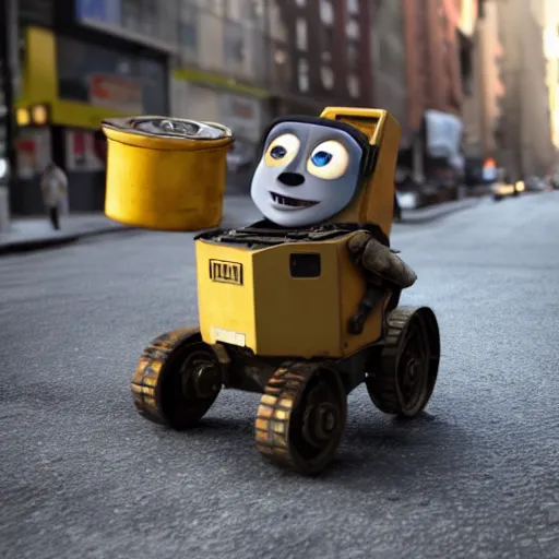 Prompt: Wall E as a beggar on new york street, 4k photorealistic, HD, high details, dramatic, trending on artstation