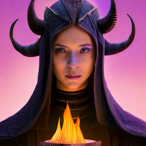 Image similar to A professional digital portrait painting of a young adult female tiefling sorcerer with skin made of fire, dressed in light armor, 4k, digital art, trending on cgsociety, renaissance painting, highly detailed, head and shoulders shot, shallow depth of field, purple and yellow lighting, professional lighting, The Grand Budapest Hotel, airbrush, Hayao Miyazaki