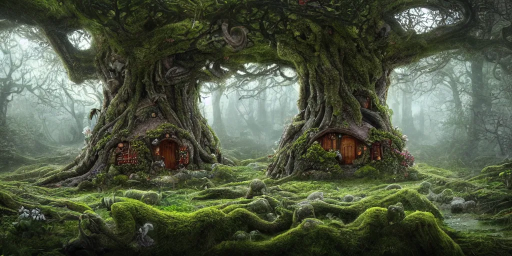 Image similar to a photorealistic cg render of huge old twisted tree with tiny mossy hobbit houses built into it, covered in moss, flowers and mushrooms, hints of peter mohrbacher, georges remi, albert uderzo, super - realistic, insanely intricate and detailed, atmospheric, volumetric lighting, cinematic, 4 k, high definition