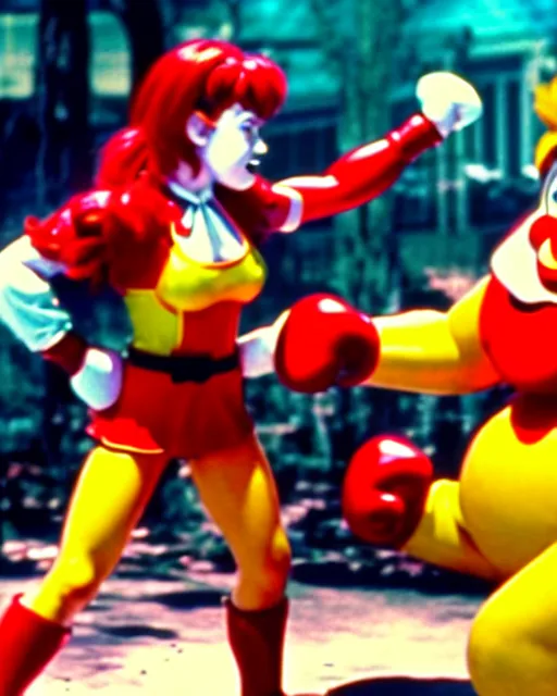 Prompt: wendy's mascot wendy thomas fights ronald mcdonald, movie still, from the movie street fighter, 8 k, realistic