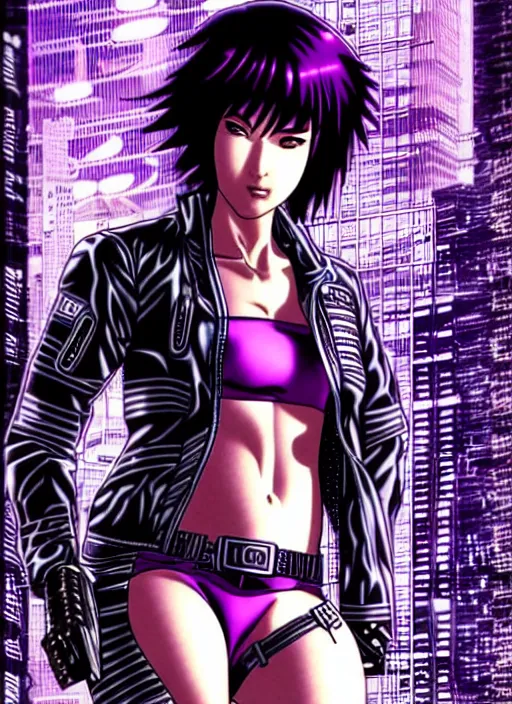 Image similar to motoko kusanagi in grungy cyberpunk megacity, intricate and finely detailed, cyberpunk vaporwave, portrait by j scott campbell