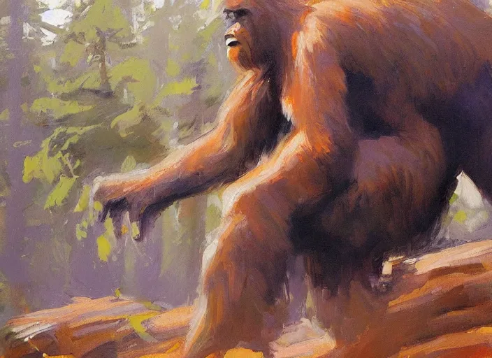 Prompt: a highly detailed beautiful portrait of bigfoot by gregory manchess, james gurney, james jean