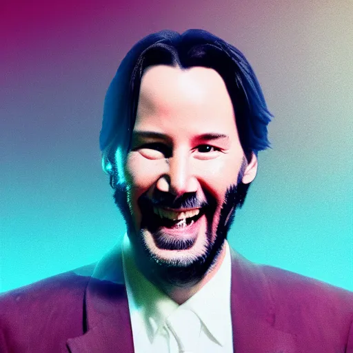 Image similar to keanu reeves with a big smile, nuclear explosion behind him, by beeple, masterpiece,