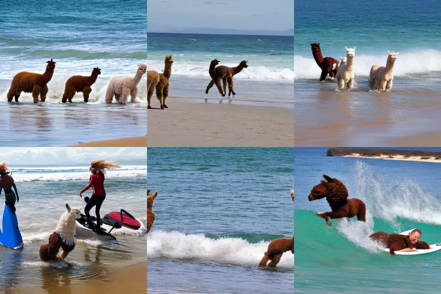 Prompt: alpaca surfing at the beach