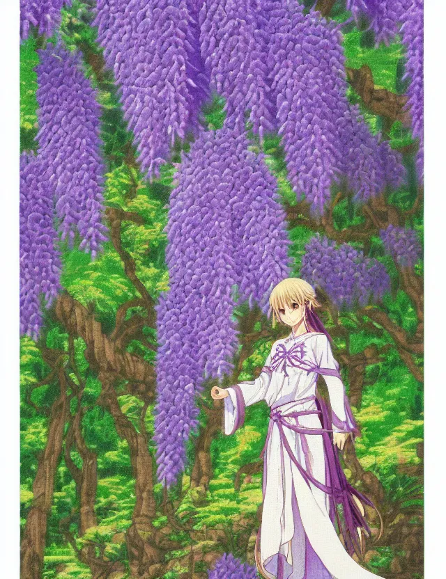 Image similar to priestess of the wisteria hills. embroidered tapestry by the award - winning mangaka, bloom, chiaroscuro, backlighting, depth of field.