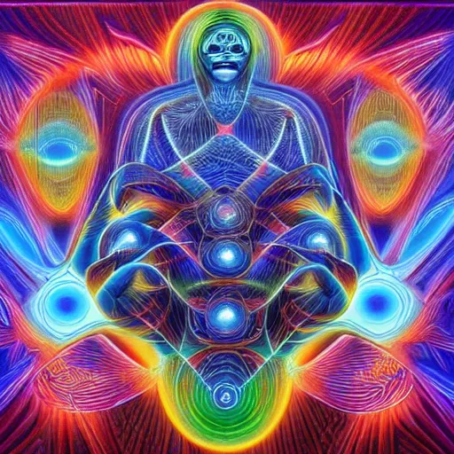 Image similar to humankind transcendence into collaborative intelligence, group intelligence, ai, by alex grey, album cover, award winning, beautiful, colorful, volumetric lighting, trending on artstation