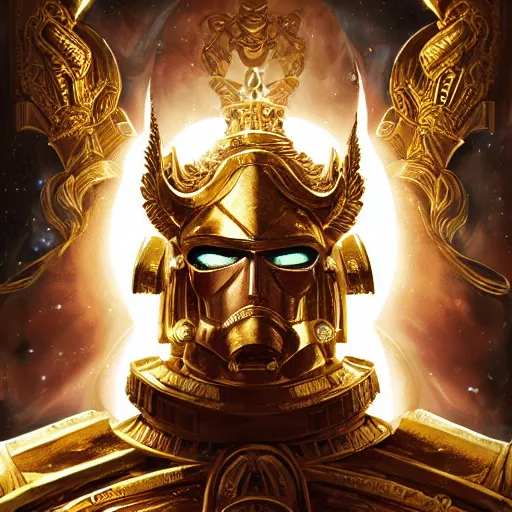 Prompt: god emperor of mankind, wearing regal ornate golden plate armor, golden, crisp, portrait, warhammer 40k, 4k, god emperor, concept art, centered, glowing, artstation