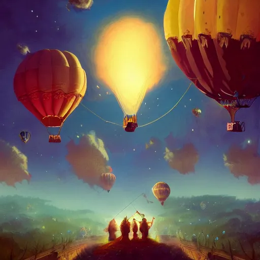 Prompt: a beautiful stunning fantasy whimsical matte digital illustration of a hot - air balloon race at night by marc simonetti and anato finnstark, disney steampunk, chiaroscuro magical bokeh moon stars, trending on artstation hq, masterpiece