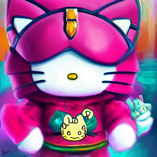 Image similar to cybercore hello Kitty fashion, gucci catwalk, oil painting, digital art, ultradetailed, artstation