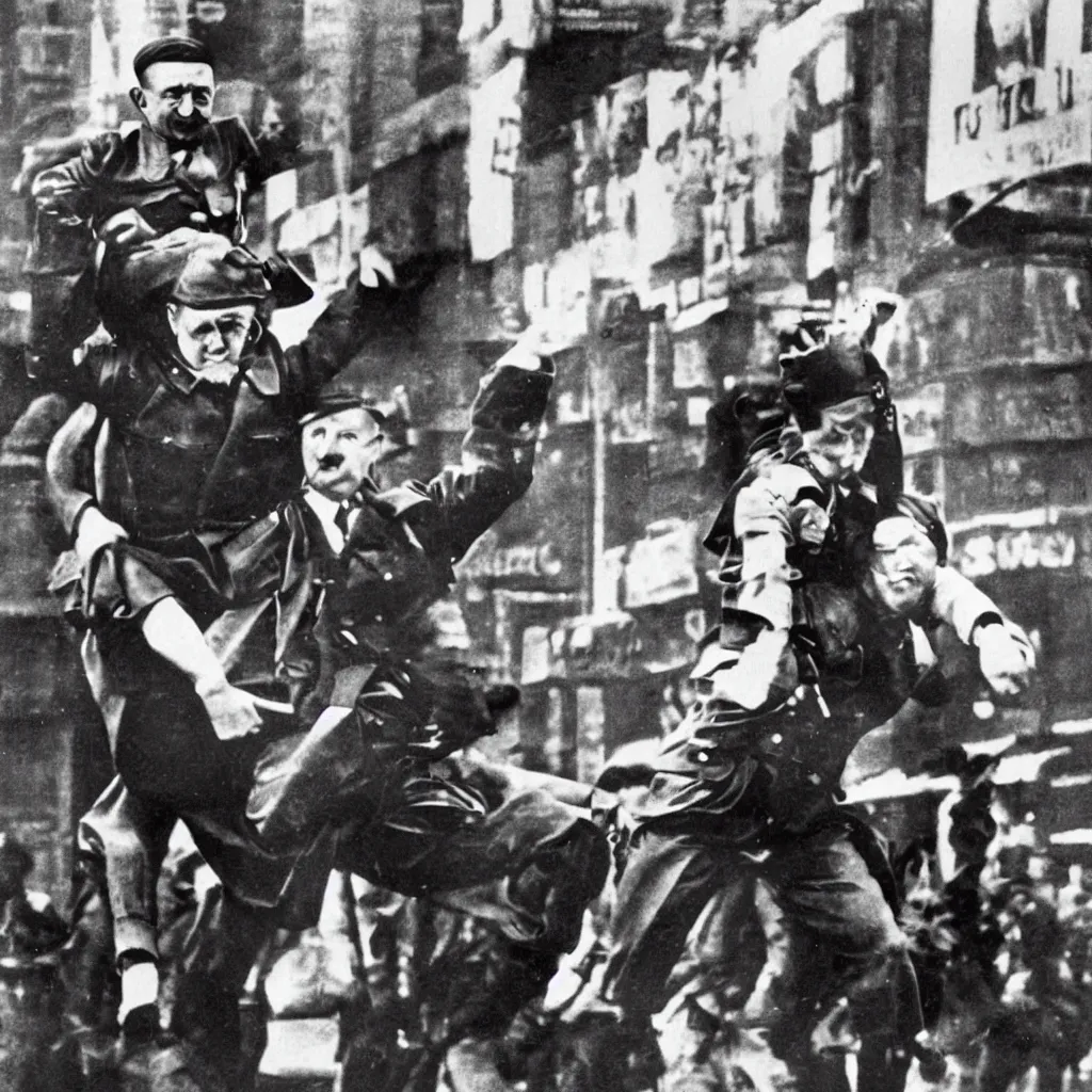 Prompt: adolf hitler riding joseph stalin piggyback on the Times Square