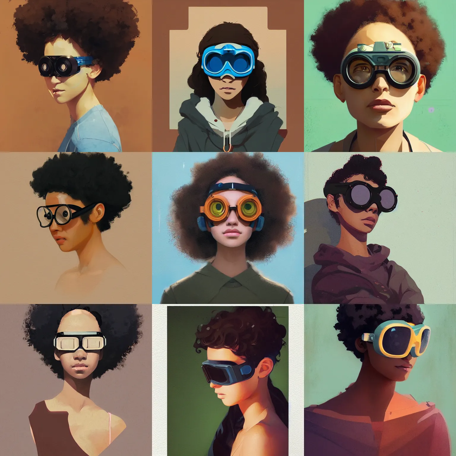 Image similar to Beautiful woman wearing goggles profile picture by Greg Rutkowski, brown skin, afro hair, asymmetrical, studio ghibli, Organic Painting , Matte Painting, geometric shapes, hard edges, street art, trending on the artstation, realistic by Sachin Teng,