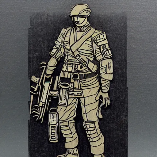 Prompt: a cyberpunk soldier, japanese woodburn style