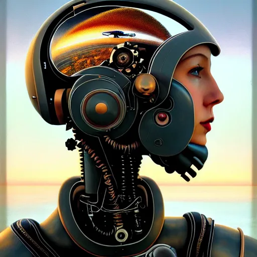 Image similar to portrait of the beautiful young robotic pilot of jets, surreal, fantasy, intricate, mechanical, elegant, dramatic, piloting a fighter jet, highly detailed, gears, lifelike, photorealistic, digital painting, painterly, artstation, concept art, smooth, head in focus, sharp focus, background aerial battle, illustration, art by John Collier and Krenz Cushart and Artem Demura and Alphonse Mucha and Albert Aublet,