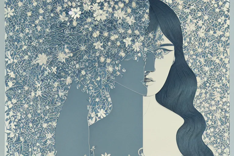 Prompt: woman portrait, goddess of greek mythology, orthodox saint, amalgamation of leaves and flowers. balenciaga, intricate complexity. matte paper, cut paper texture. by Jeffrey Catherine Jones, James jean, Miho Hirano, Hayao Miyazaki, coarse gritby. Full of light-blue and silver and white layers. Exquisite detail 8K