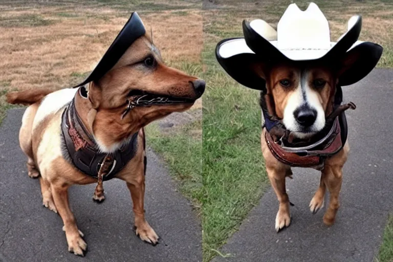 Image similar to a dog wearing cowboy clothes