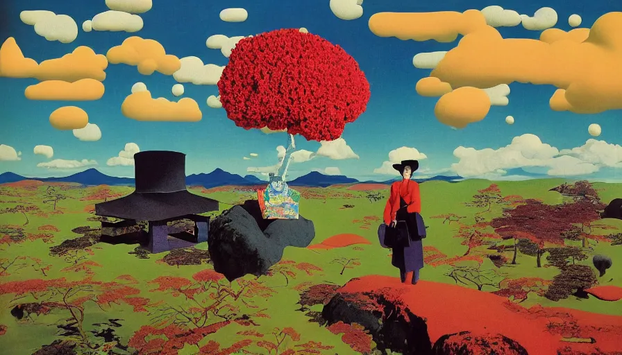 Image similar to Japan rural splendor travel and tourism c2050, surrealist psychedelic collage painting in the style of Forbes magazine, +81 magazine, Magritte, Roger Dean, Yoshio Awazu, vivid color