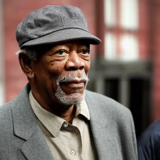 Image similar to still morgan freeman in peacky blinders wearing a news boy cap