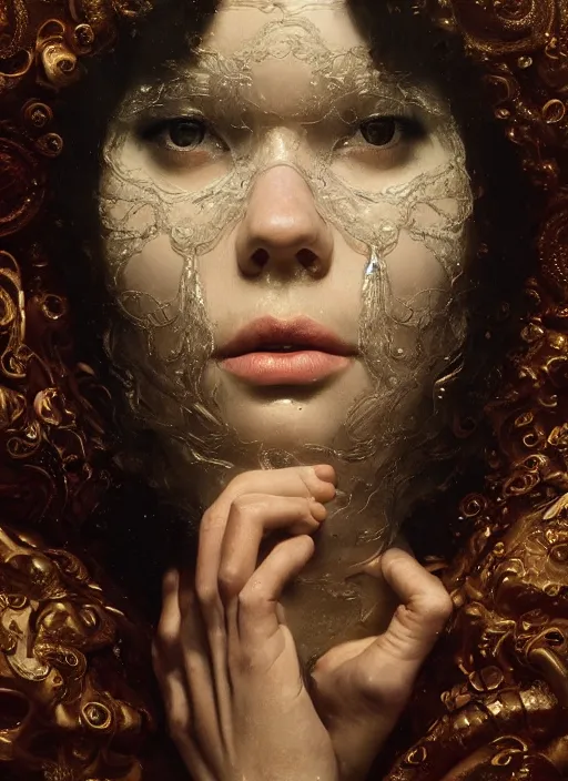 Image similar to highly detailed oil painting | very intricate | cinematic lighting | award - winning | the water mask by alexander mcqueen | by roberto ferri, by arsen kurbanov, by j. c. leyendecker and klimt, american romanticism, by austin osman spare, artstation, cgsociety, official art, octane