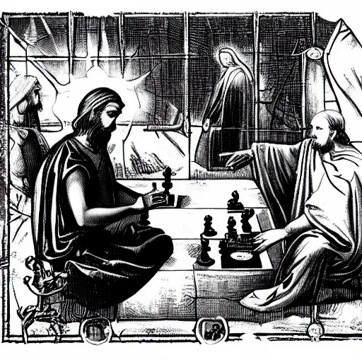 Prompt: the antichrist playing chess with jesus