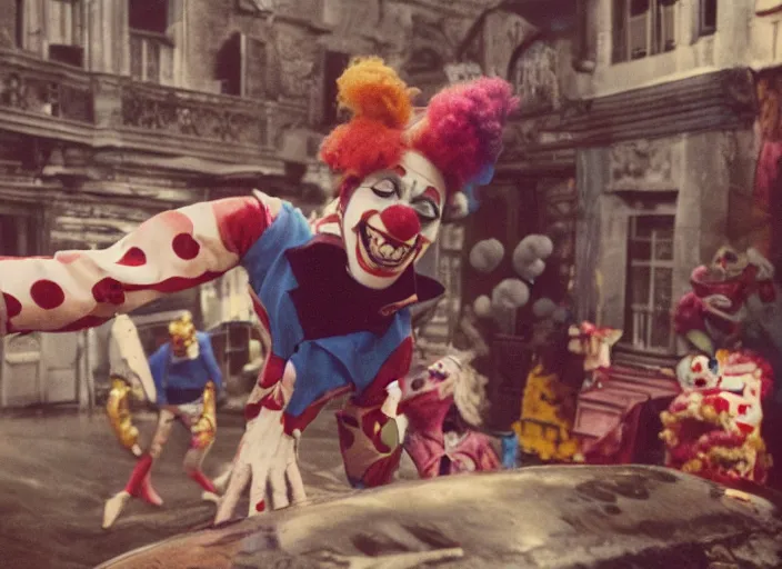 Image similar to A very high resolution image from a new movie, a clown fighting an octopus, old circus, Polaroid, directed by Steven Spielberg